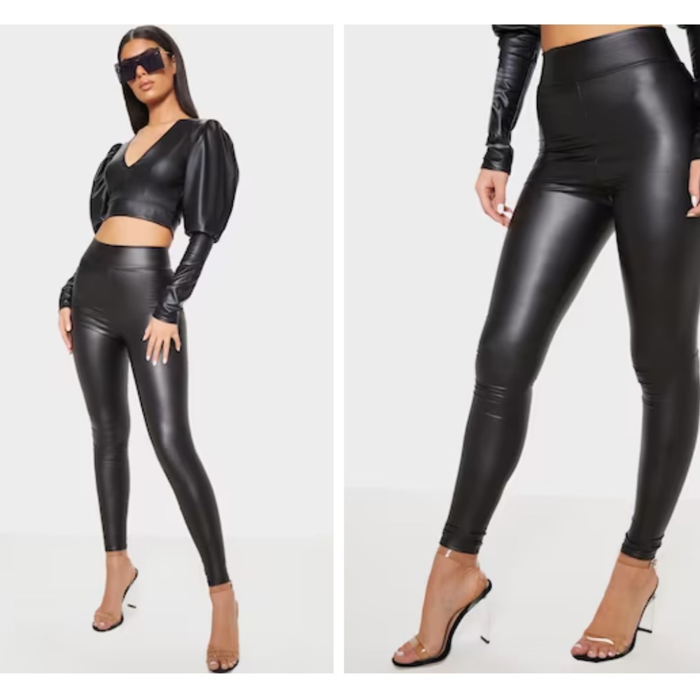 NWT PrettyLittleThing Black Wet Look High Waisted Legging SZ 8